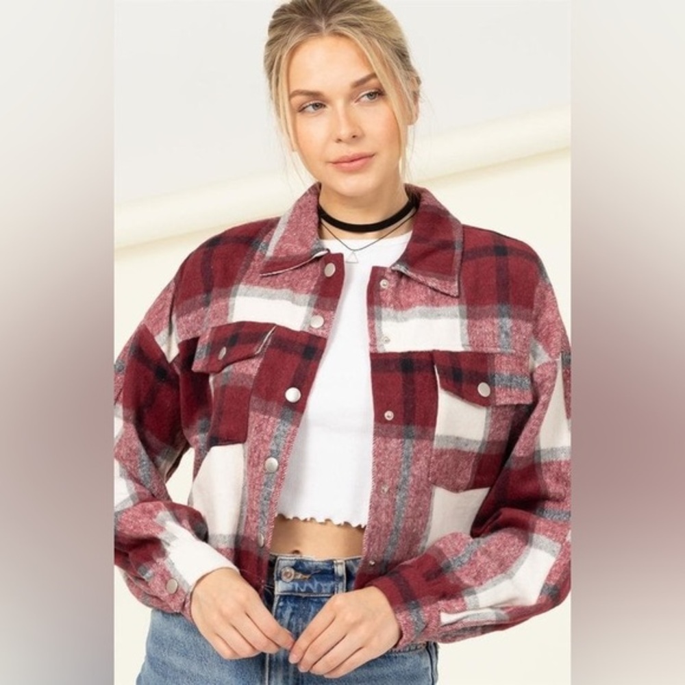 Hyfve Plaid Cropped Bubble Sleeve Snap Button Up Top Or Jacket‎